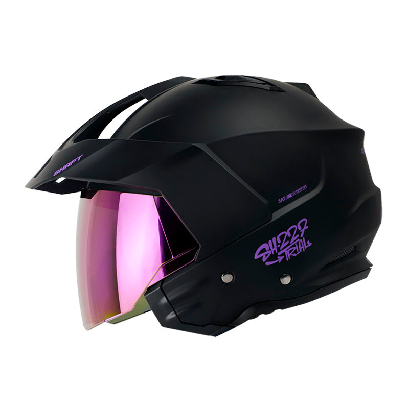 CASCO SHAFT SH-227 TRIAL SOLID MATE NEGRO MORADO NEON VISOR IRIDIUM